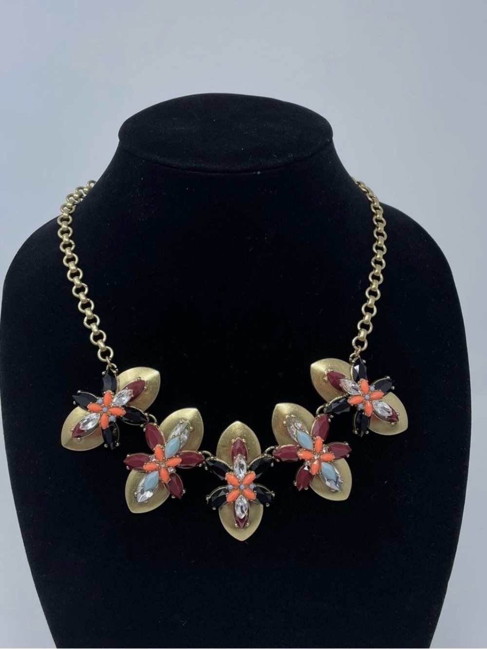 Gold Floral Statement Necklace with Coral and Burgundy Accents NWT